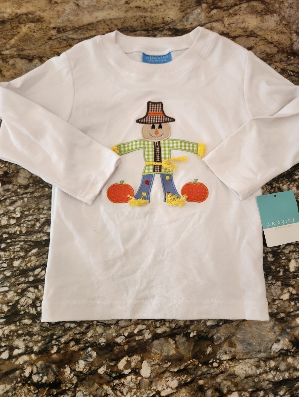 Anavini White Long-Sleeve Scarecrow Appliqué Tee for Kids